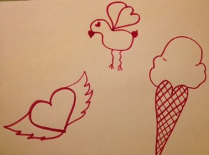Hearts in flight, love bird with wings of hearts, and an ice cream in a heart cone!